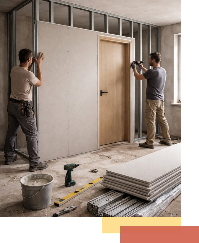 Перегородка из гипсокартона с дверью под ключ в Пушкино