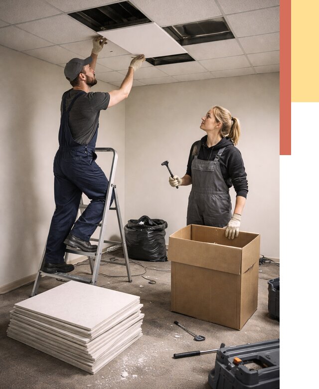 Демонтаж потолочной плитки в Пушкино от 4668 руб. быстро и недорого | ОТДЕЛОЧНИК-Пшк