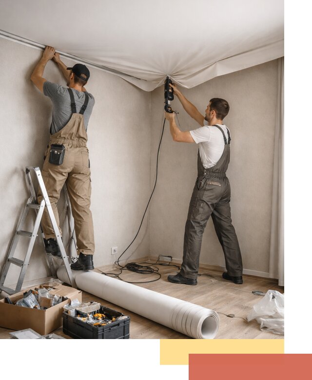 Монтаж цветного натяжного потолка в Пушкино за один день