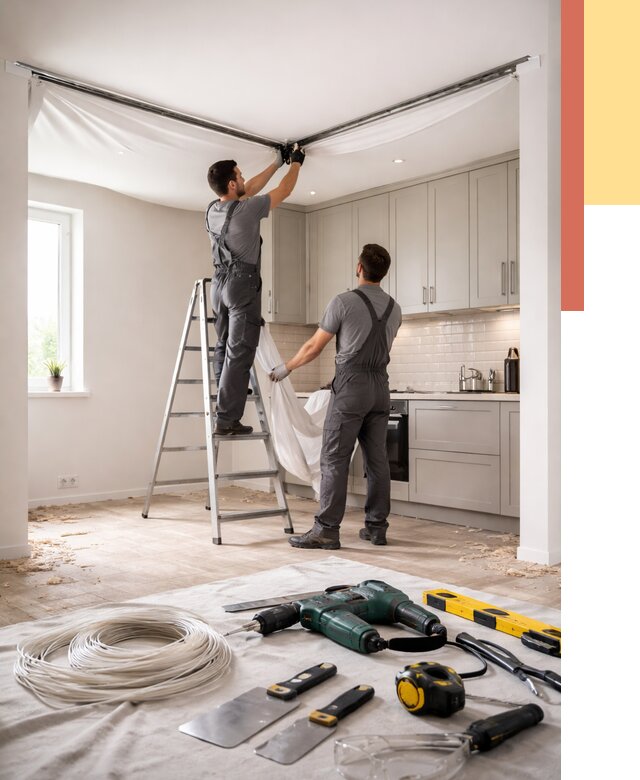 Установка натяжного потолка на кухне в Пушкино от 2490 руб. | ОТДЕЛОЧНИК-Пшк