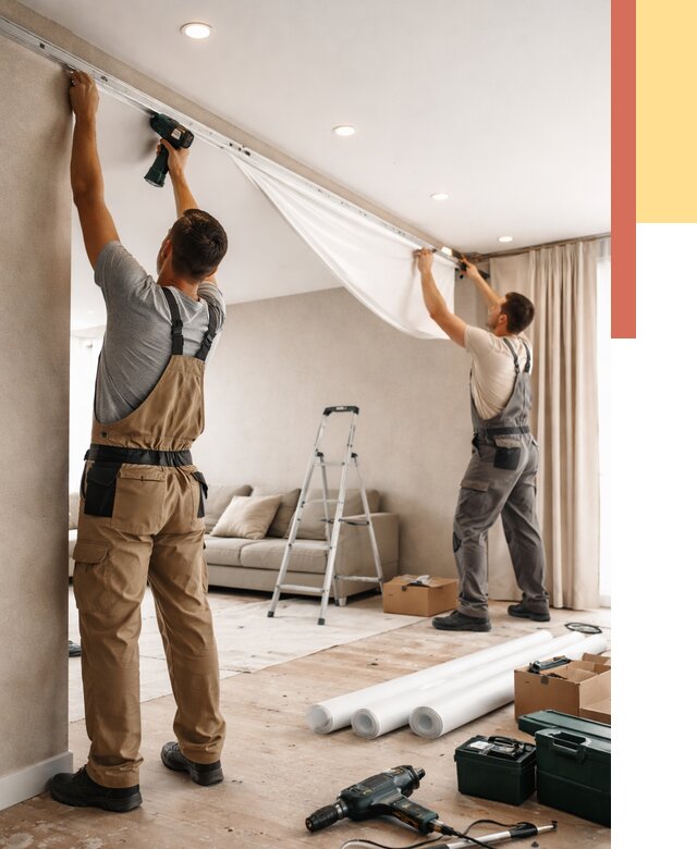 Монтаж натяжного потолка в гостиной в Пушкино от 571 руб. | ОТДЕЛОЧНИК-Пшк