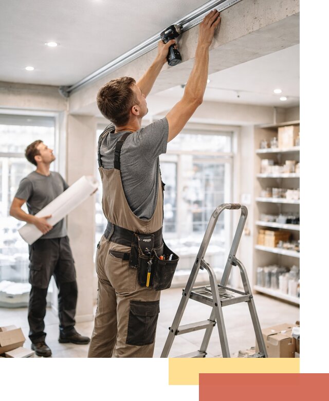 Монтаж натяжных потолков в магазине в Пушкино