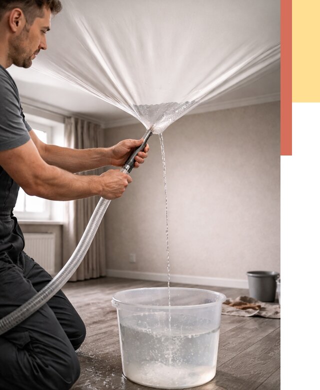 Слив воды с натяжного потолка в Пушкино от 2593 руб. быстро и недорого | ОТДЕЛОЧНИК-Пшк