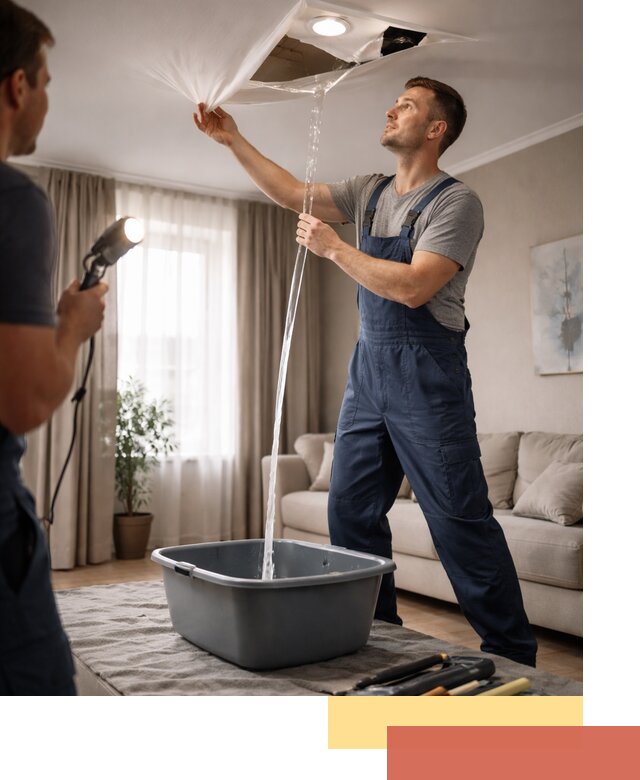 Слив воды с натяжного потолка в Пушкино быстро и аккуратно