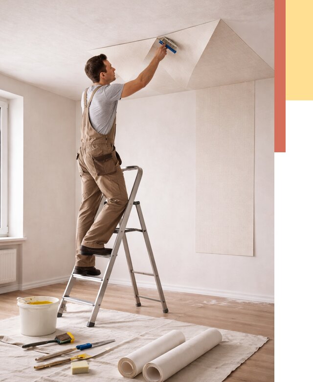 Поклейка обоев на потолок в Пушкино от 4668 руб. быстро и недорого | ОТДЕЛОЧНИК-Пшк